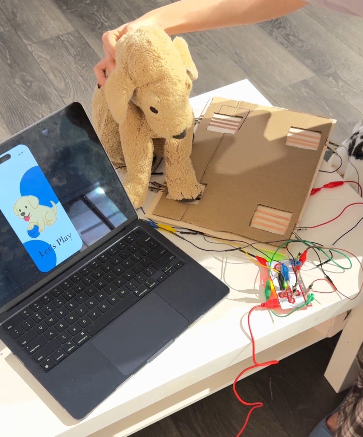 This test shows the cardboard pressure pads connected to the Makey Makey responding when the dog presses on them. The setup works, but the sensitivity and alignment still need refinement to ensure consistent activation.