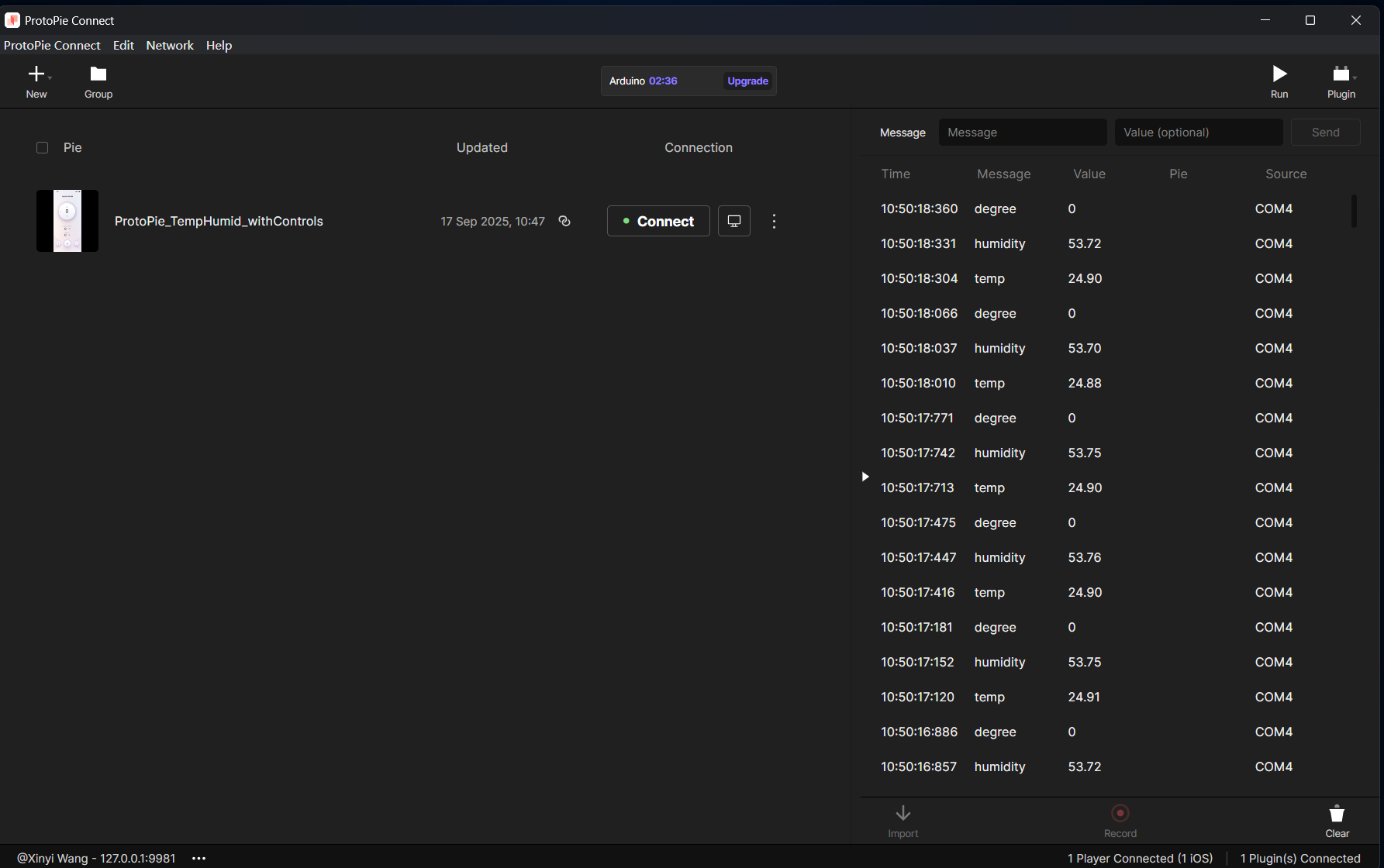 ProtoPie Connect shows the live link between Arduino and the digital prototype. Real-time temperature and humidity values appear here, confirming smooth data transmission.