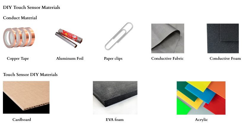 This image compares different conductive and structural materials commonly used for DIY touch sensors, such as copper tape, aluminum foil, conductive fabric, and foam. It helps me evaluate which materials could improve my button’s sensitivity, durability, and overall reliability.